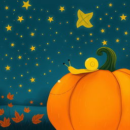 On an autumn night filled with twinkling stars, a yellow-shelled small snail is crawling on a brightly glowing jack-o'-lantern