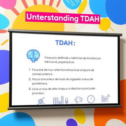 A visually engaging presentation slide that discusses ADHD (Transtorno do Déficit de Atenção com Hiperatividade)