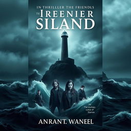 A book cover design for a thriller novel featuring a group of friends on a mysterious island