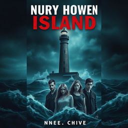 A book cover design for a thriller novel featuring a group of friends on a mysterious island