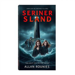 A book cover design for a thriller novel featuring a group of friends on a mysterious island