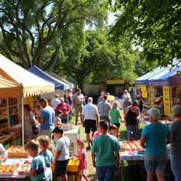 A vibrant charity fair scene set in a beautifully decorated outdoor space
