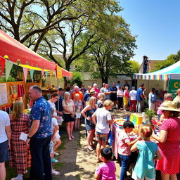 A vibrant charity fair scene set in a beautifully decorated outdoor space