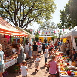A vibrant charity fair scene set in a beautifully decorated outdoor space