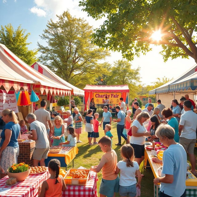 A vibrant charity fair scene set in a beautifully decorated outdoor space
