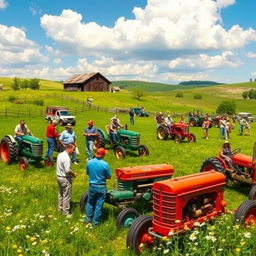 A vibrant and lively scene depicting a tractor club gathering in a picturesque countryside setting
