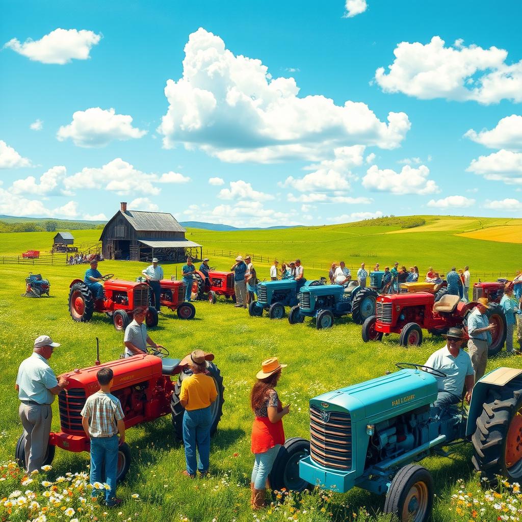 A vibrant and lively scene depicting a tractor club gathering in a picturesque countryside setting