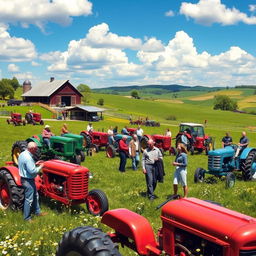 A vibrant and lively scene depicting a tractor club gathering in a picturesque countryside setting