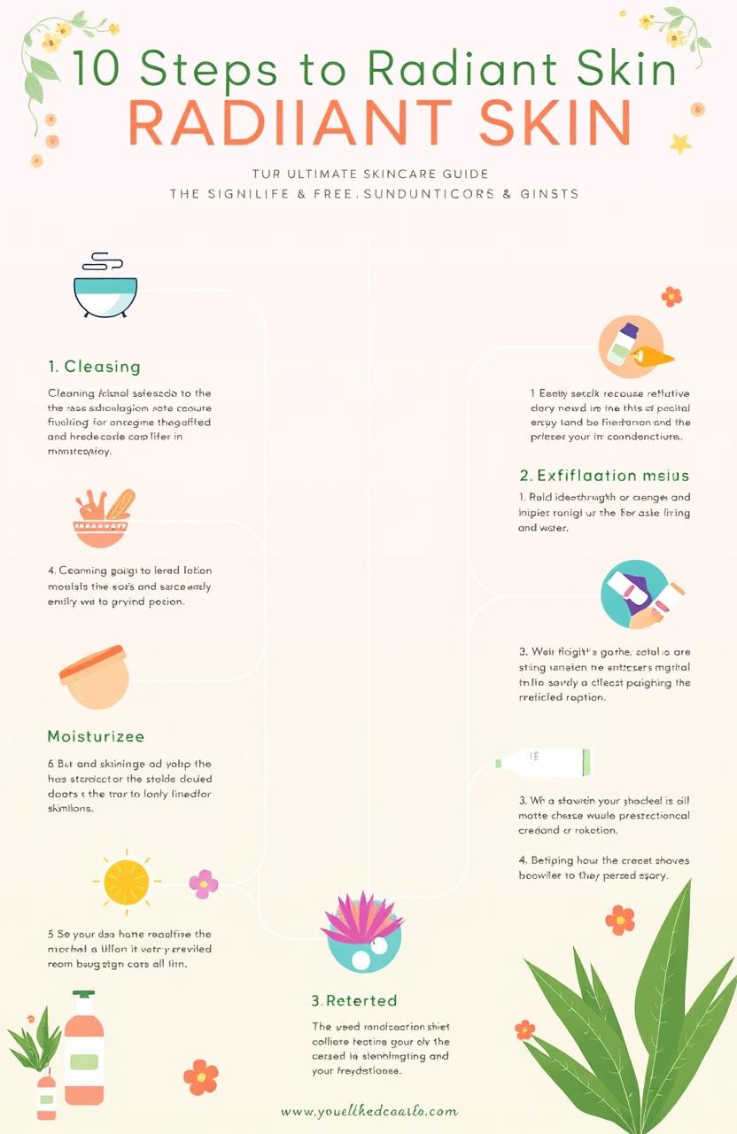 A visually appealing and informative infographic titled "10 Steps to Radiant Skin: Your Ultimate Skincare Guide"