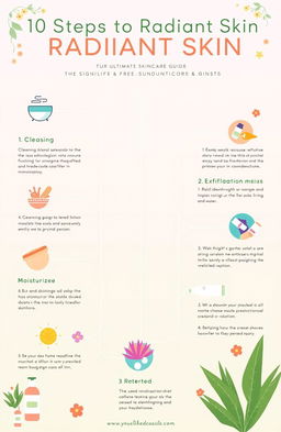 A visually appealing and informative infographic titled "10 Steps to Radiant Skin: Your Ultimate Skincare Guide"