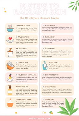 A visually appealing and informative infographic titled "10 Steps to Radiant Skin: Your Ultimate Skincare Guide"