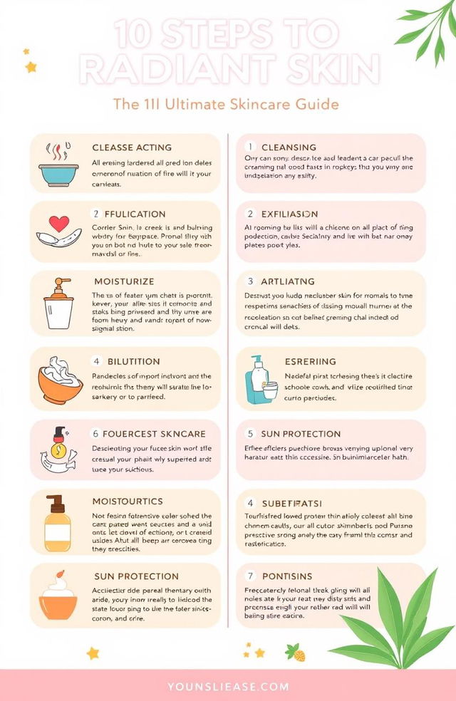 A visually appealing and informative infographic titled "10 Steps to Radiant Skin: Your Ultimate Skincare Guide"