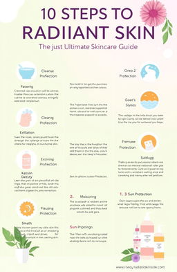 A visually appealing and informative infographic titled "10 Steps to Radiant Skin: Your Ultimate Skincare Guide"