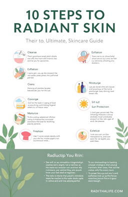 A visually appealing and informative infographic titled "10 Steps to Radiant Skin: Your Ultimate Skincare Guide"