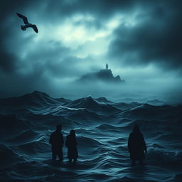 A haunting and suspenseful book cover for a crime novel featuring a dark, mysterious sea with ominous waves