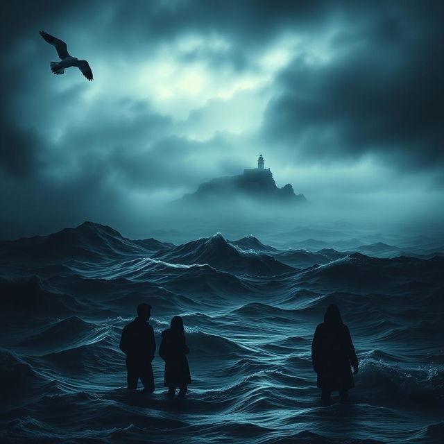 A haunting and suspenseful book cover for a crime novel featuring a dark, mysterious sea with ominous waves