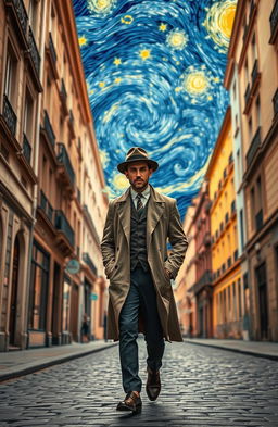 A man in a classic 1920s European outfit, complete with a fedora and trench coat, walking down a cobblestone street