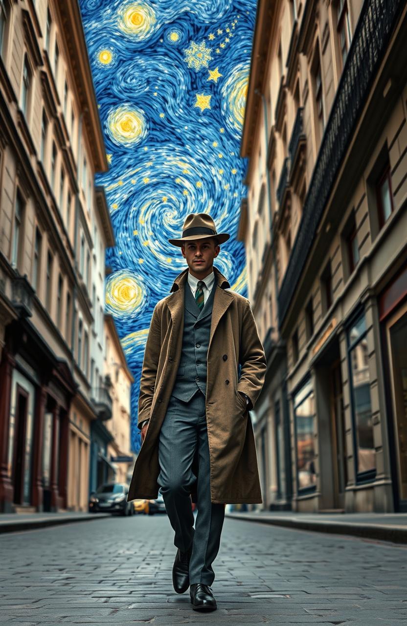 A man in a classic 1920s European outfit, complete with a fedora and trench coat, walking down a cobblestone street