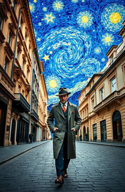 A man in a classic 1920s European outfit, complete with a fedora and trench coat, walking down a cobblestone street