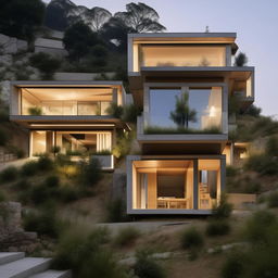 A two-block house design with stairs connecting each floor from the ground to the attic, situated in a scenic hill area