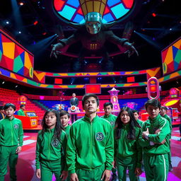 A surreal, vivid scene inspired by a game show, featuring a large, ominous arena with colorful geometric patterns and oversized props reminiscent of childhood games