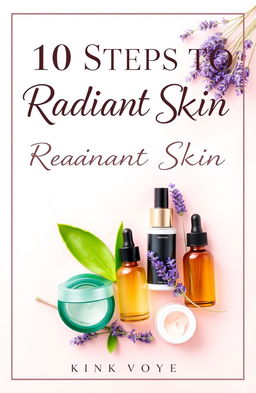 An elegant ebook cover design featuring the title '10 Steps to Radiant Skin: Your Ultimate Skincare Guide' prominently displayed in a modern, stylish font