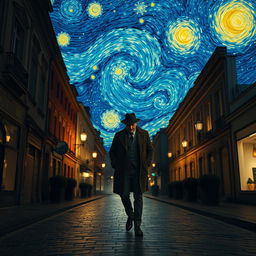 A solitary man dressed in a classic 1920s European outfit, complete with a fedora and trench coat, walking through a dimly lit cobblestone street at night