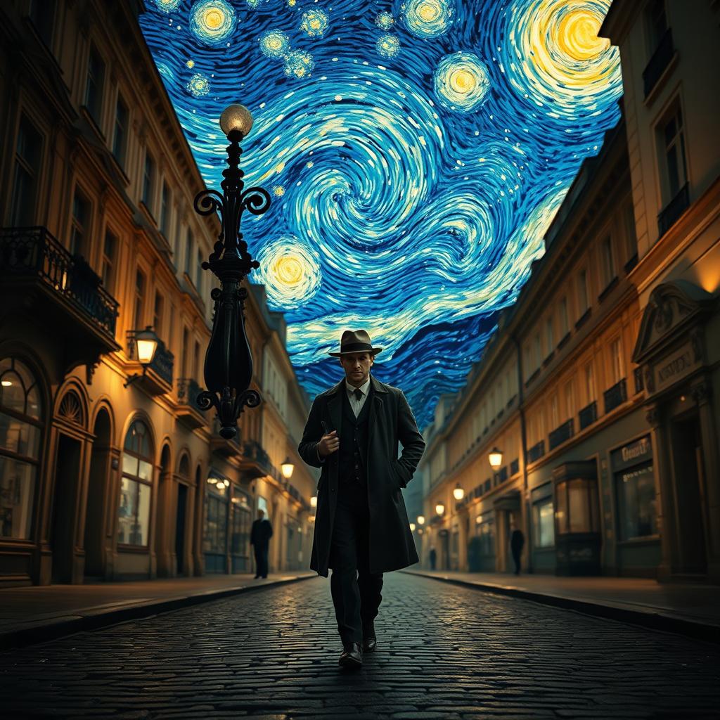 A solitary man dressed in a classic 1920s European outfit, complete with a fedora and trench coat, walking through a dimly lit cobblestone street at night