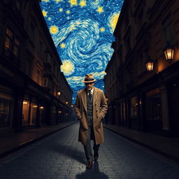 A solitary man dressed in a classic 1920s European outfit, complete with a fedora and trench coat, walking through a dimly lit cobblestone street at night