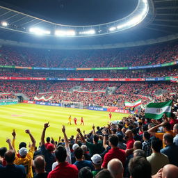 A vibrant football stadium filled with passionate fans in colorful gear, showcasing intense emotions and excitement during a match