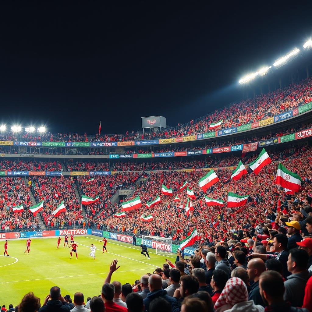 A vibrant football stadium filled with passionate fans in colorful gear, showcasing intense emotions and excitement during a match