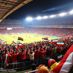 A vibrant football stadium filled with passionate fans in colorful gear, showcasing intense emotions and excitement during a match
