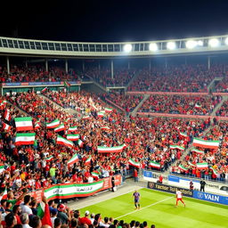 A vibrant football stadium filled with passionate fans in colorful gear, showcasing intense emotions and excitement during a match