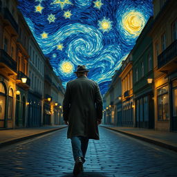 A solitary man dressed in a 1920s European outfit, wearing a fedora and trench coat, walking away down a cobblestone street at night