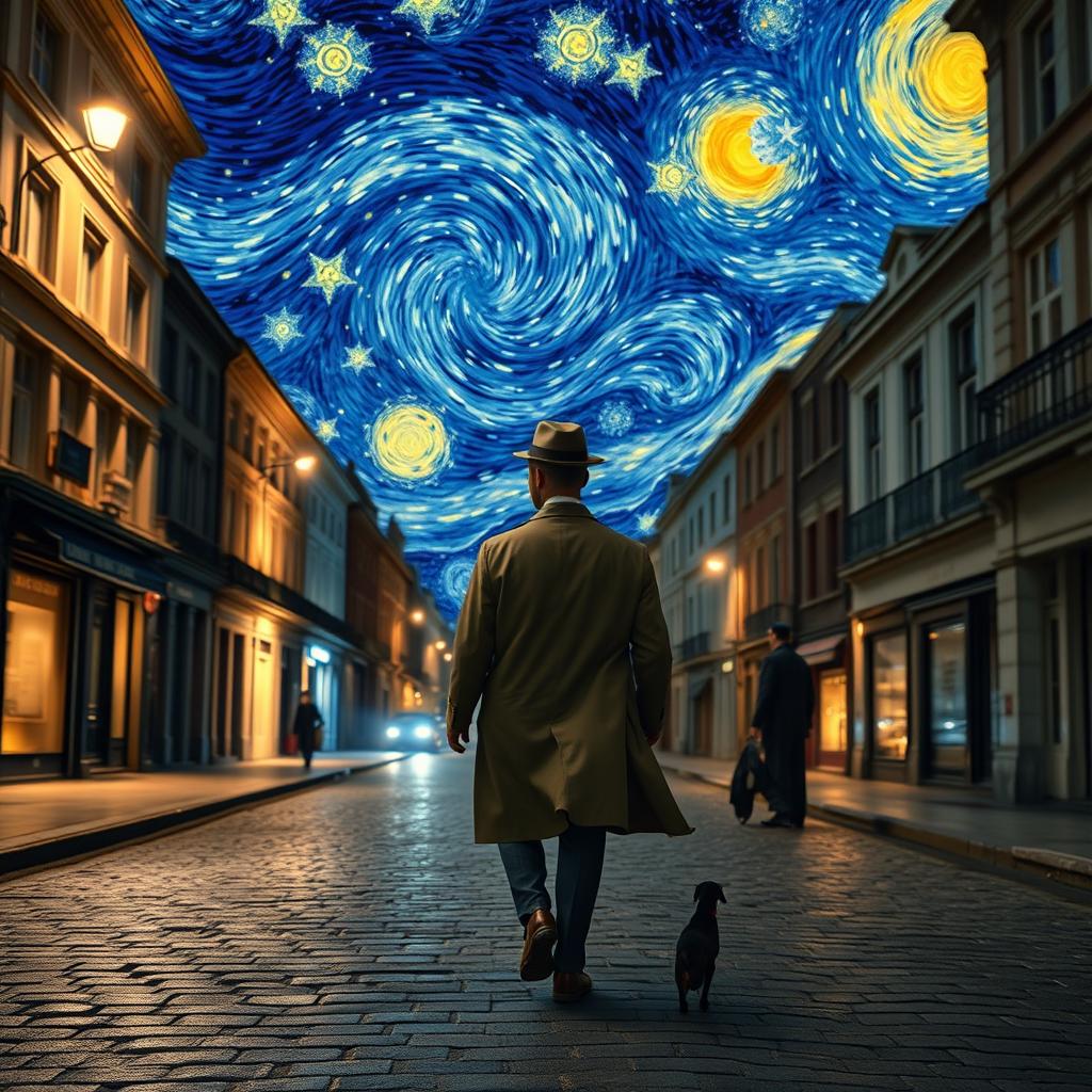 A solitary man dressed in a 1920s European outfit, wearing a fedora and trench coat, walking away down a cobblestone street at night