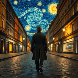 A solitary man dressed in a 1920s European outfit, wearing a fedora and trench coat, walking away down a cobblestone street at night