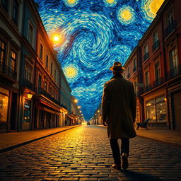 A solitary man dressed in a 1920s European outfit, wearing a fedora and trench coat, walking away down a cobblestone street at night