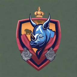 A digital art image presenting a high-quality crest featuring a rhinoceros in armor