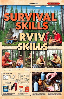 A detailed, visually engaging Survival Skills guide, showcasing various outdoor survival techniques