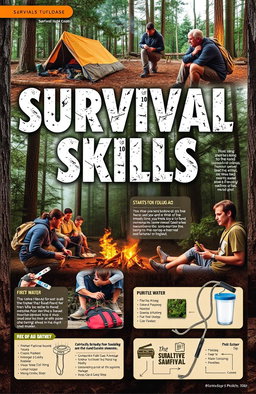A detailed, visually engaging Survival Skills guide, showcasing various outdoor survival techniques