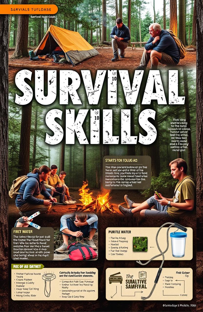 A detailed, visually engaging Survival Skills guide, showcasing various outdoor survival techniques