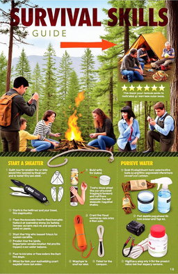 A detailed, visually engaging Survival Skills guide, showcasing various outdoor survival techniques