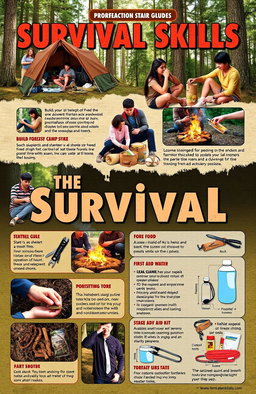 A detailed, visually engaging Survival Skills guide, showcasing various outdoor survival techniques