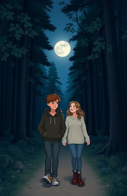 A serene night forest with a moonlit path, showcasing a brother and sister walking side by side