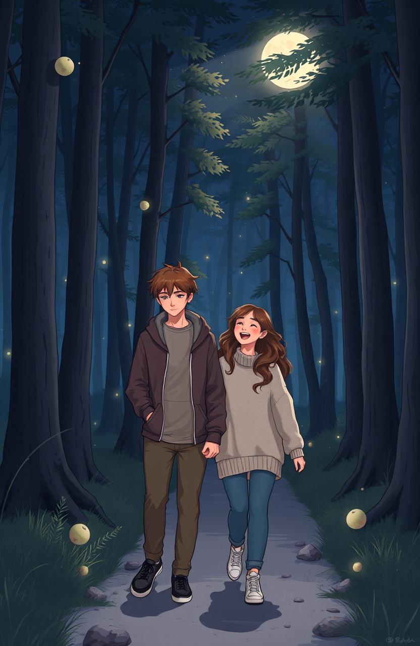 A serene night forest with a moonlit path, showcasing a brother and sister walking side by side