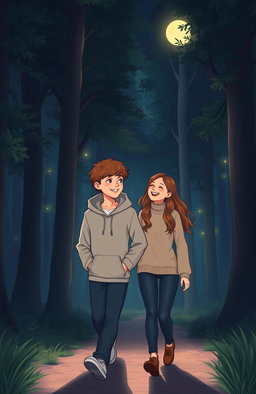 A serene night forest with a moonlit path, showcasing a brother and sister walking side by side