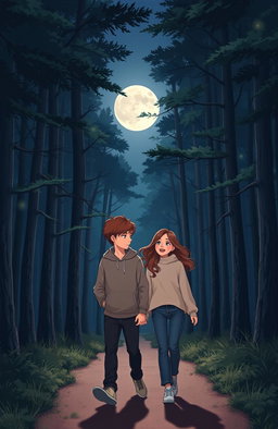 A serene night forest with a moonlit path, showcasing a brother and sister walking side by side