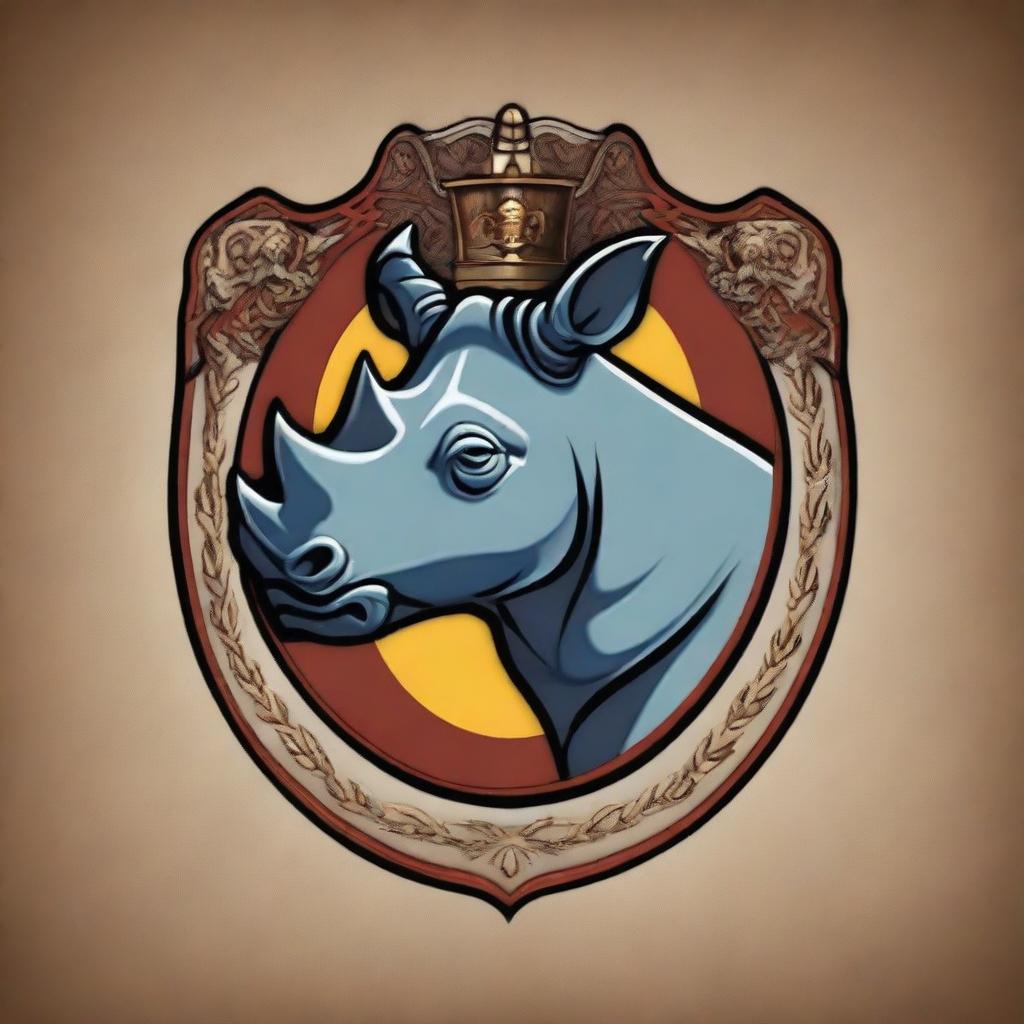 A digital art image presenting a high-quality crest featuring a rhinoceros in armor