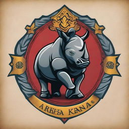 A digital art image presenting a high-quality crest featuring a rhinoceros in armor