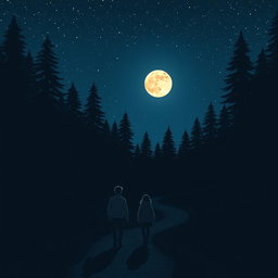 A serene night scene set in a tranquil forest, where a brother and sister are walking far away on a winding path